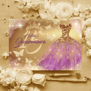 Quinceanera Sparkle Gold Purple Dress Invitation
