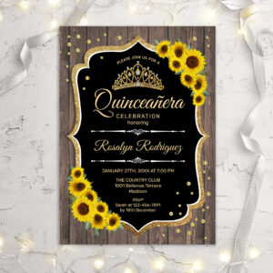 Quinceanera - Sunflowers Rustic Wood Invitation