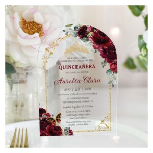 Quincea?era Sweet 16 Burgundy Floral Gold Arch Acrylic Invitations