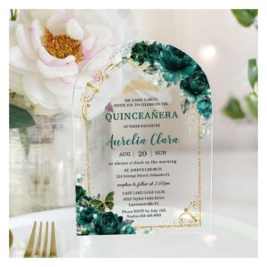 Quincea?era Sweet 16 Emerald Green Floral Gold Acrylic Invitations