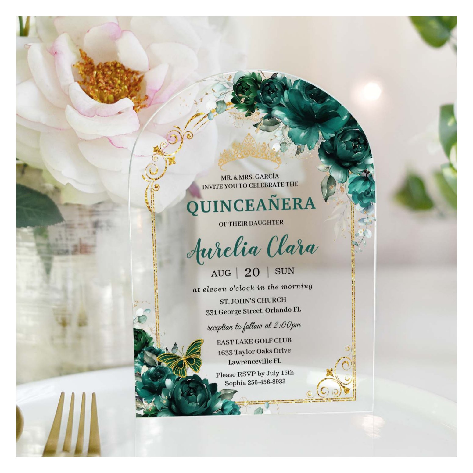 Quincea?era Sweet 16 Emerald Green Floral Gold Acrylic Invitations