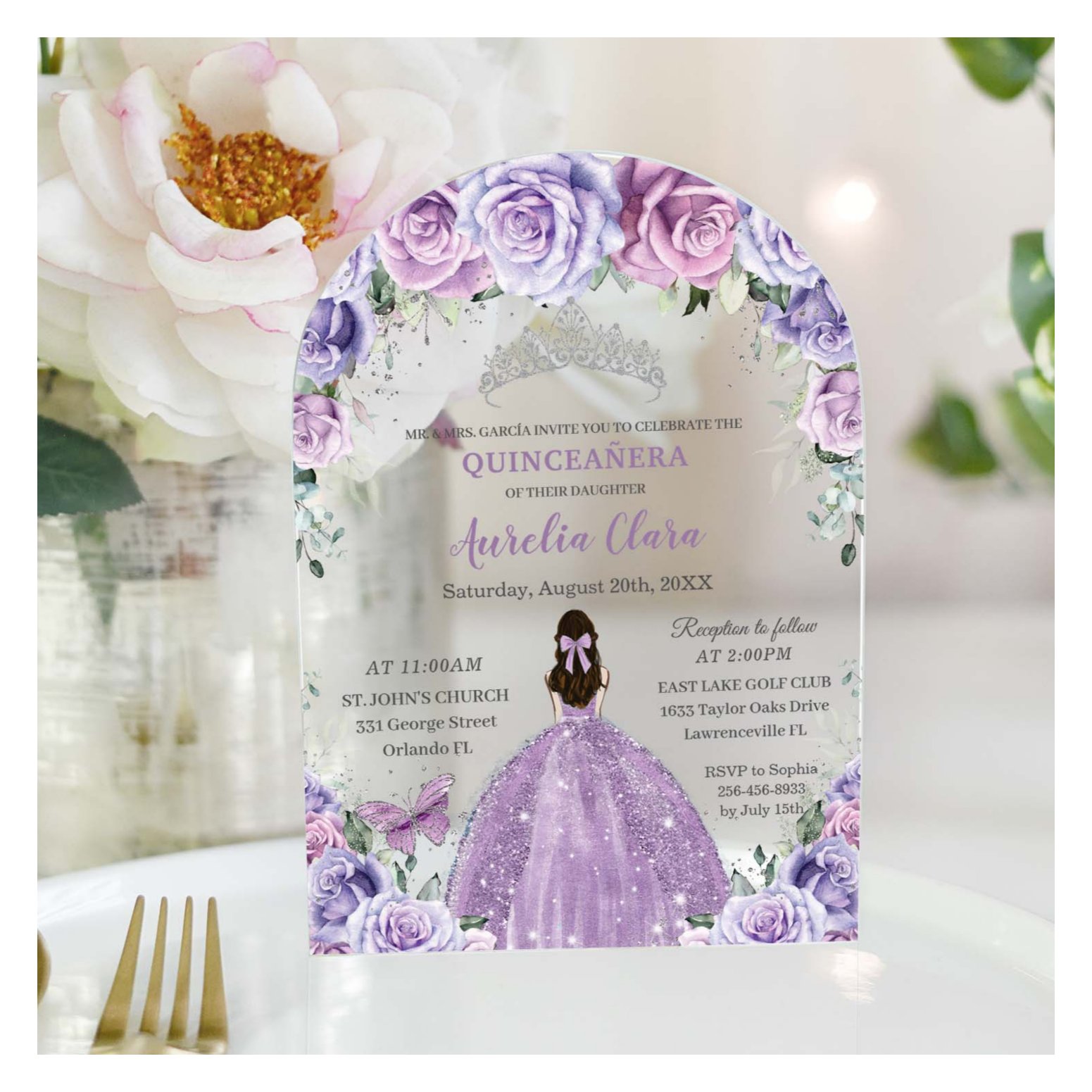 Quincea?era Sweet 16 Purple Lilac Floral Gown Arch Acrylic Invitations