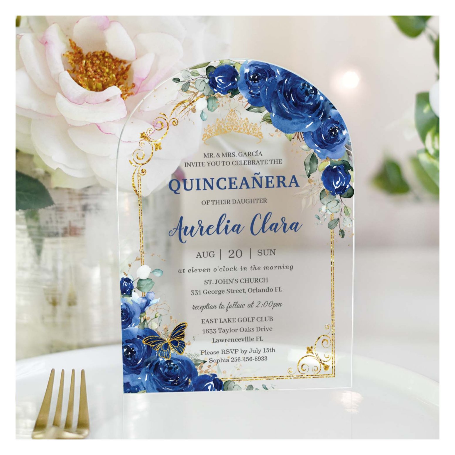 Quincea?era Sweet 16 Royal Blue Floral Arch Acrylic Invitations