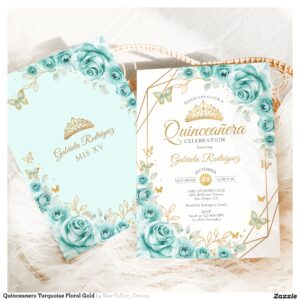 Quinceanera Turquoise Floral Gold Invitation