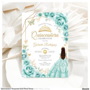 Quinceanera Turquoise Gold Floral Dress Invitation