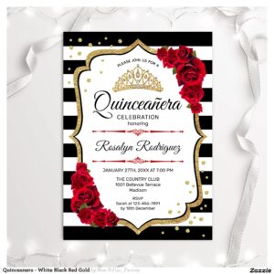 Quinceanera - White Black Red Gold Invitation