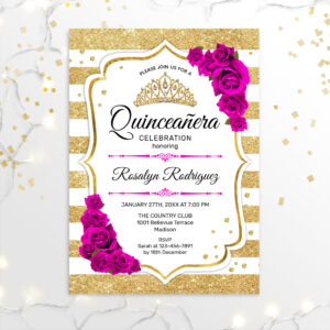 Quinceanera - White Gold Stripes Pink Invitation