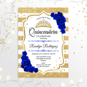 Quinceanera - White Gold Stripes Royal Blue Invitation
