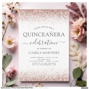 Quinceanera White Rose Gold Blush Pink Invitation