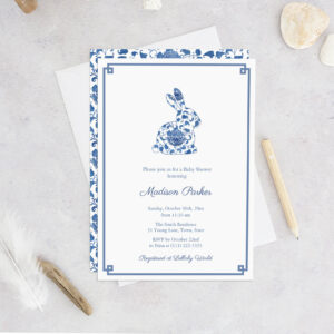 Rabbit Chinoiserie Chic Blue And White Baby Shower Invitation