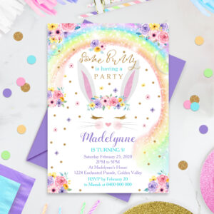 Rainbow Bunny Invitation Bunny Birthday