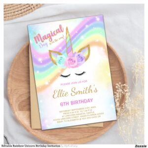 Rainbow Design Unicorn Birthday Invitations