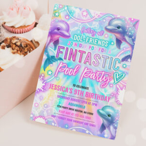 Rainbow Dolphin Under The Sea Pool Birthday Party Invitation