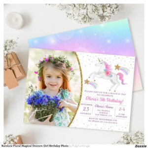 Rainbow Floral Magical Unicorn Girl Birthday Photo Invitation