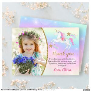 Rainbow Floral Magical Unicorn Girl Birthday Photo Thank You Card
