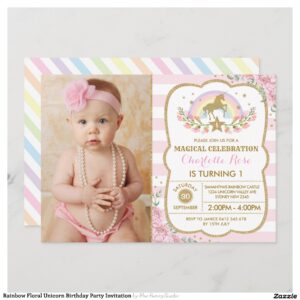 Rainbow Floral Unicorn Birthday Party Invitation