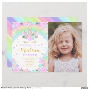 Rainbow Floral Unicorn Birthday Photo Invitation
