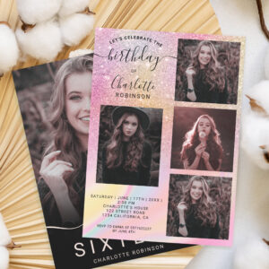 Rainbow glitter holographic 5 photos sweet 16 invitation