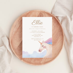 Rainbow Gold Watercolor Unicorn Birthday Party Invitation