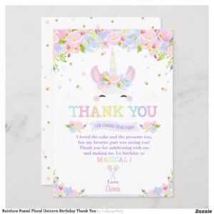 Rainbow Pastel Floral Unicorn Birthday Thank You Invitation