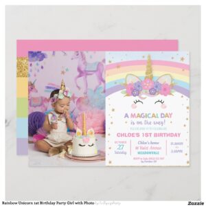 Rainbow Unicorn 1st Birthday Party Girl with Photo Invitation