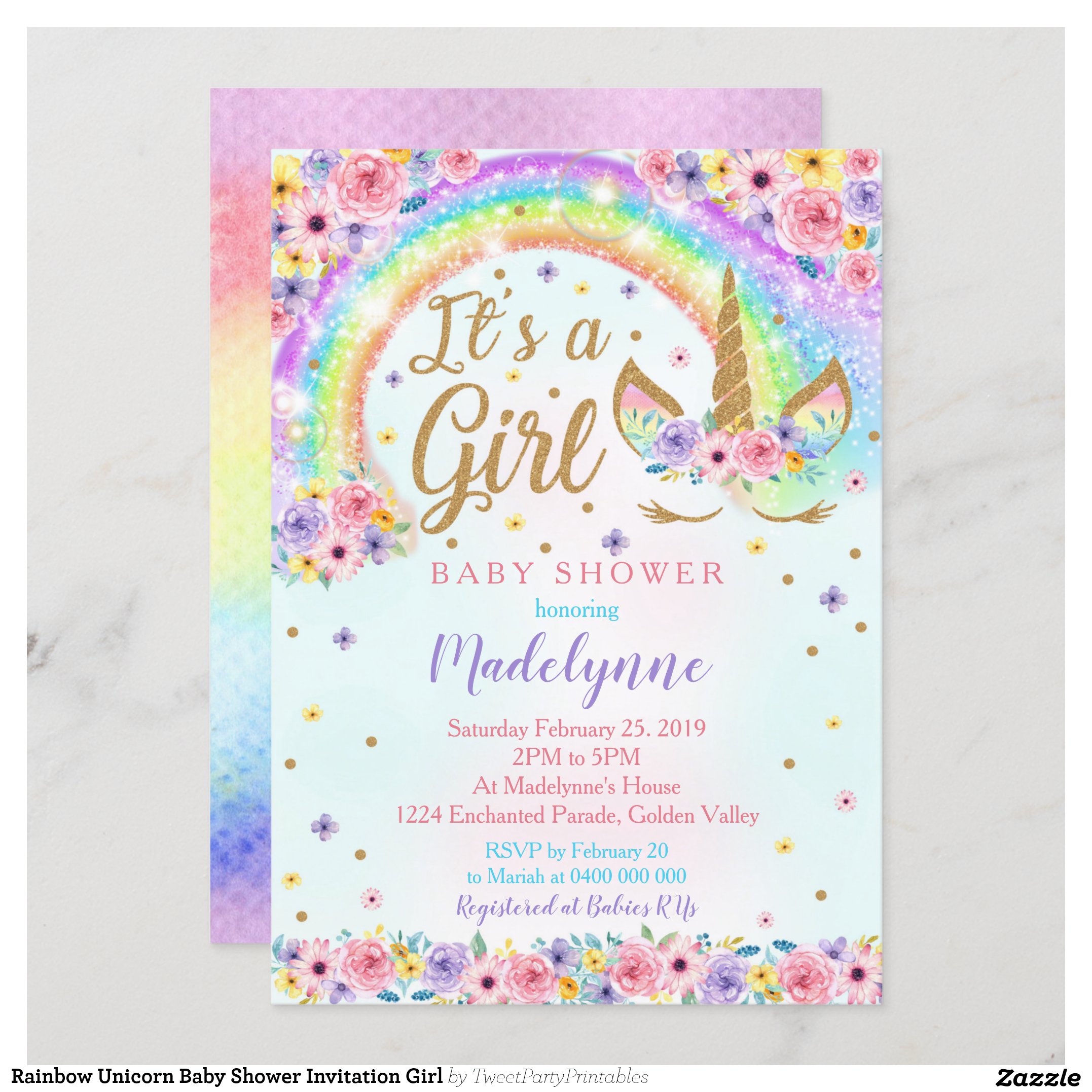 Rainbow Unicorn Baby Shower Invitation Girl