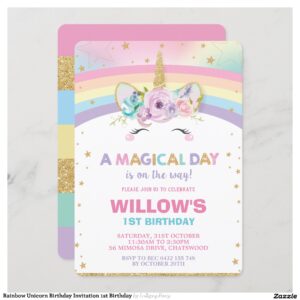 Rainbow Unicorn Birthday Invitation 1st Birthday
