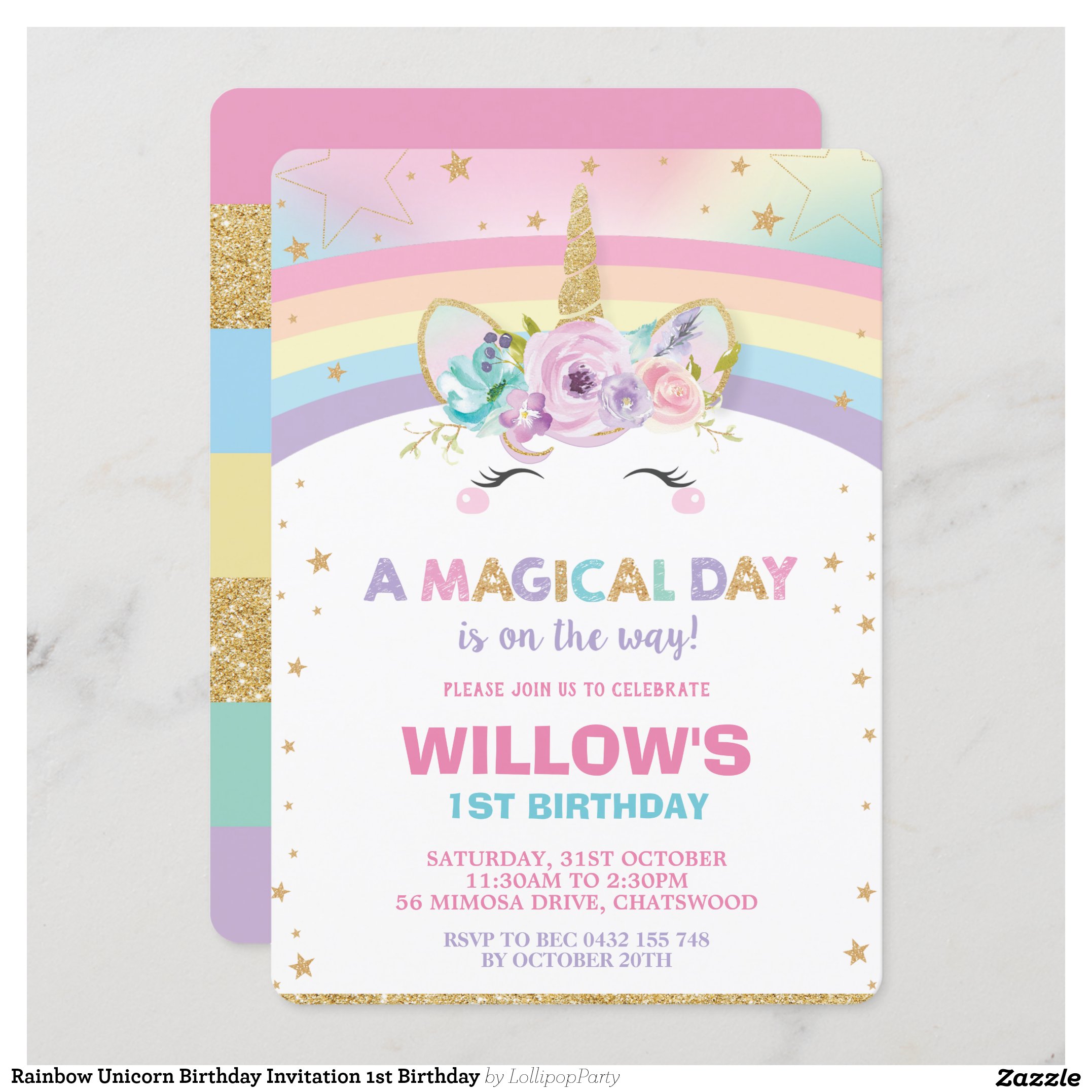 Rainbow Unicorn Birthday Invitation 1st Birthday