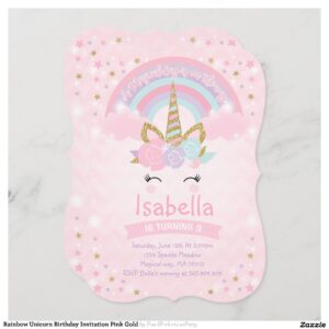 Rainbow Unicorn Birthday Invitation Pink Gold