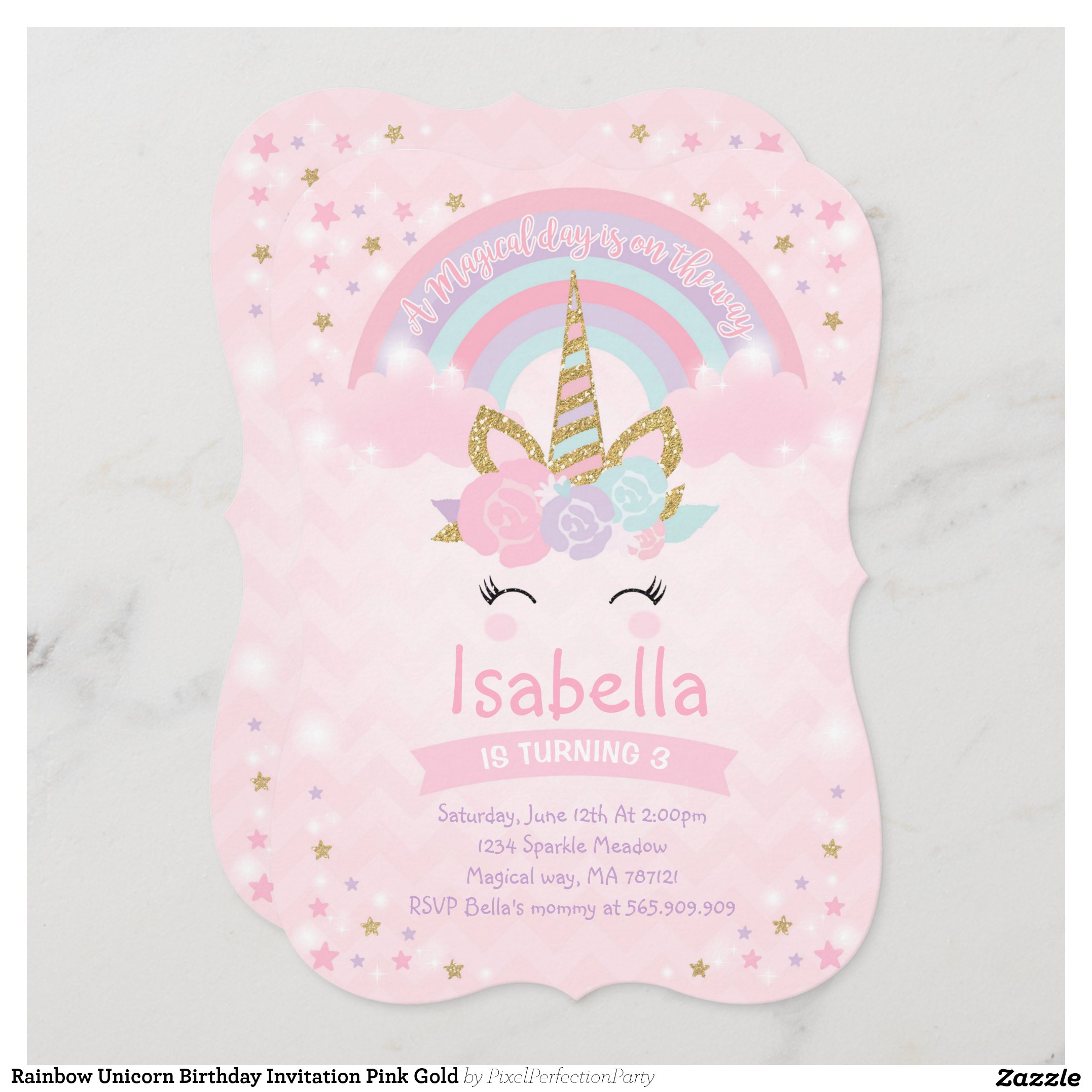 Rainbow Unicorn Birthday Invitation Pink Gold
