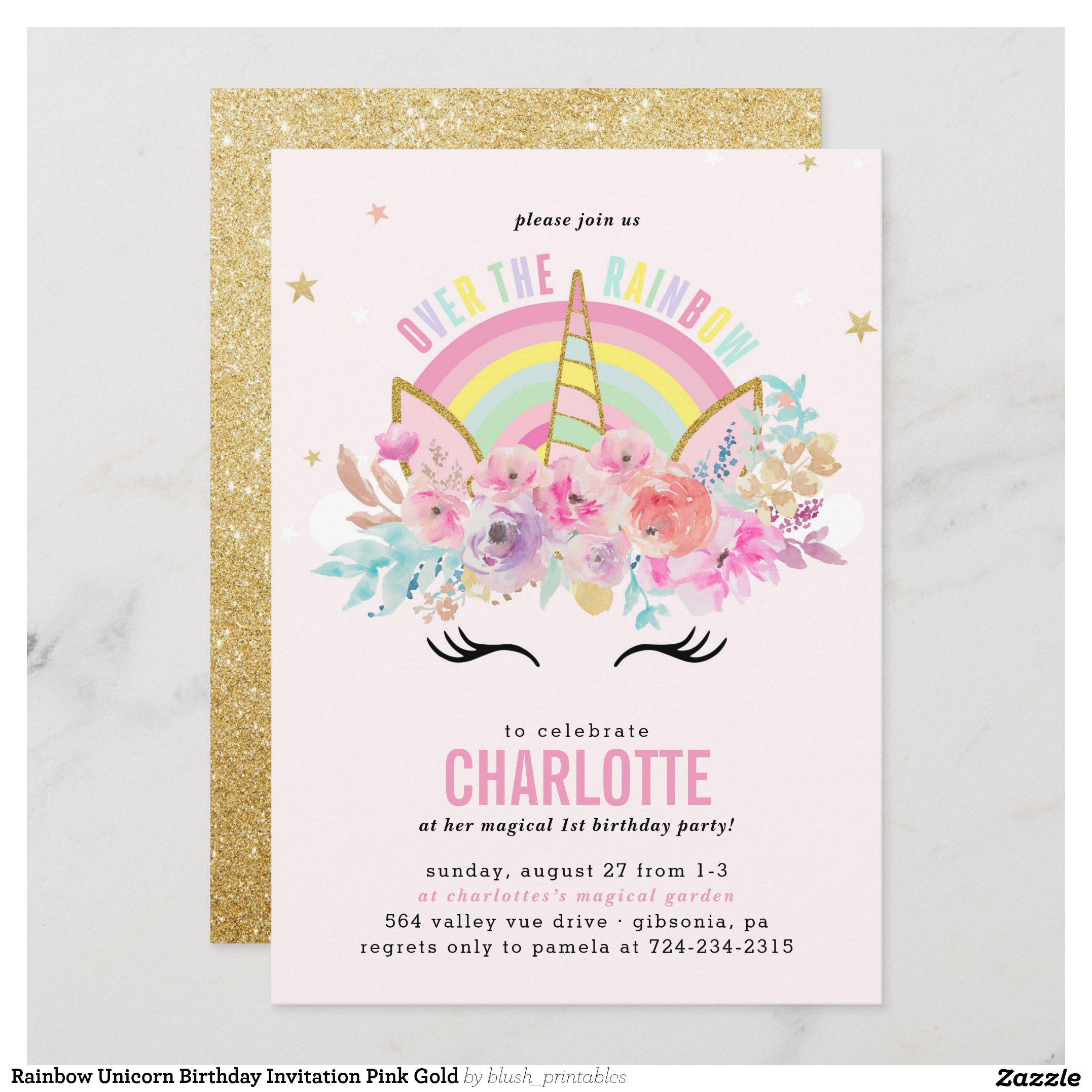 Rainbow Unicorn Birthday Invitation Pink Gold