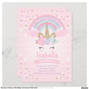 Rainbow Unicorn Birthday Invitation Pink Gold