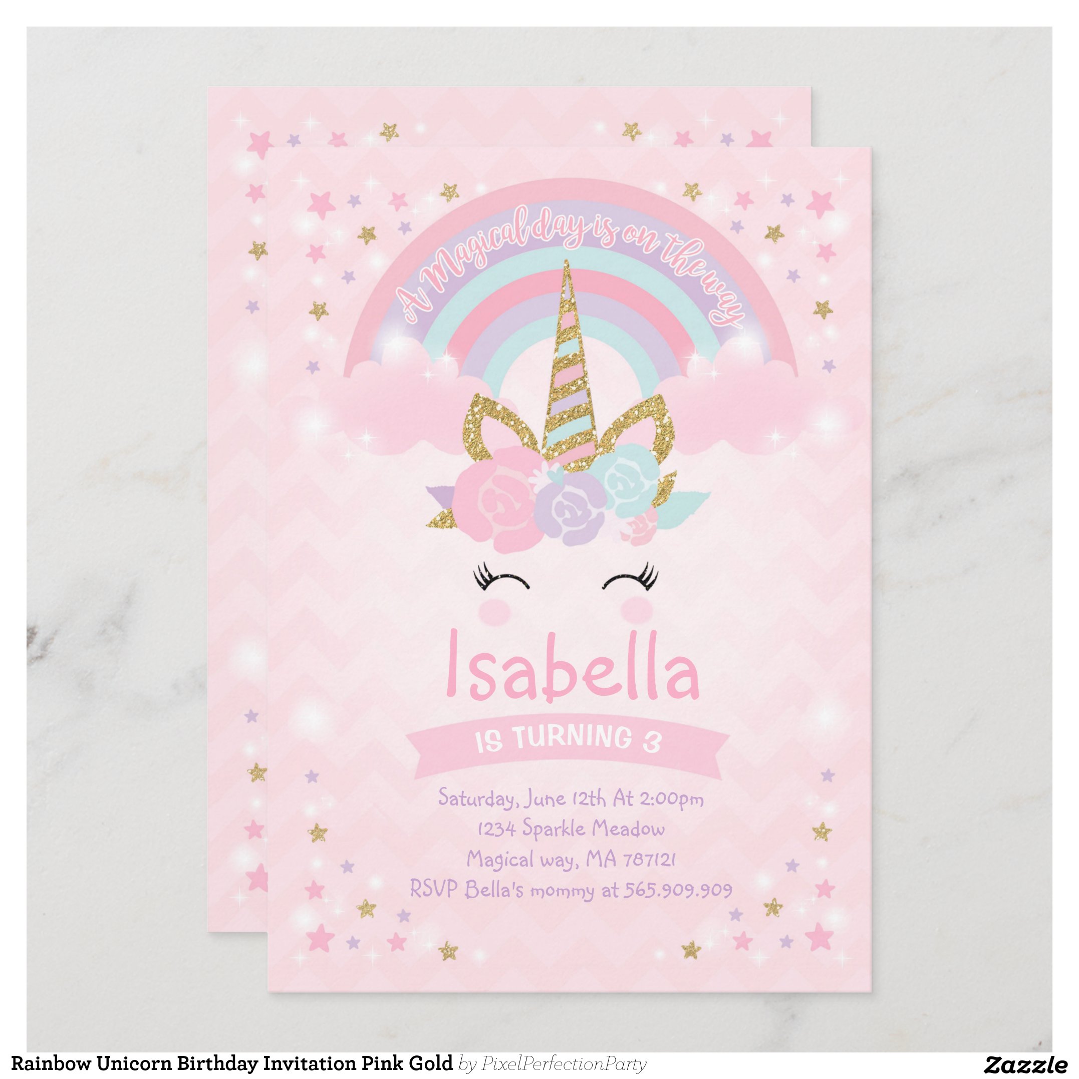 Rainbow Unicorn Birthday Invitation Pink Gold