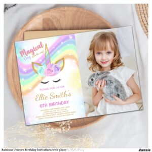 Rainbow Unicorn Birthday Invitations with photo