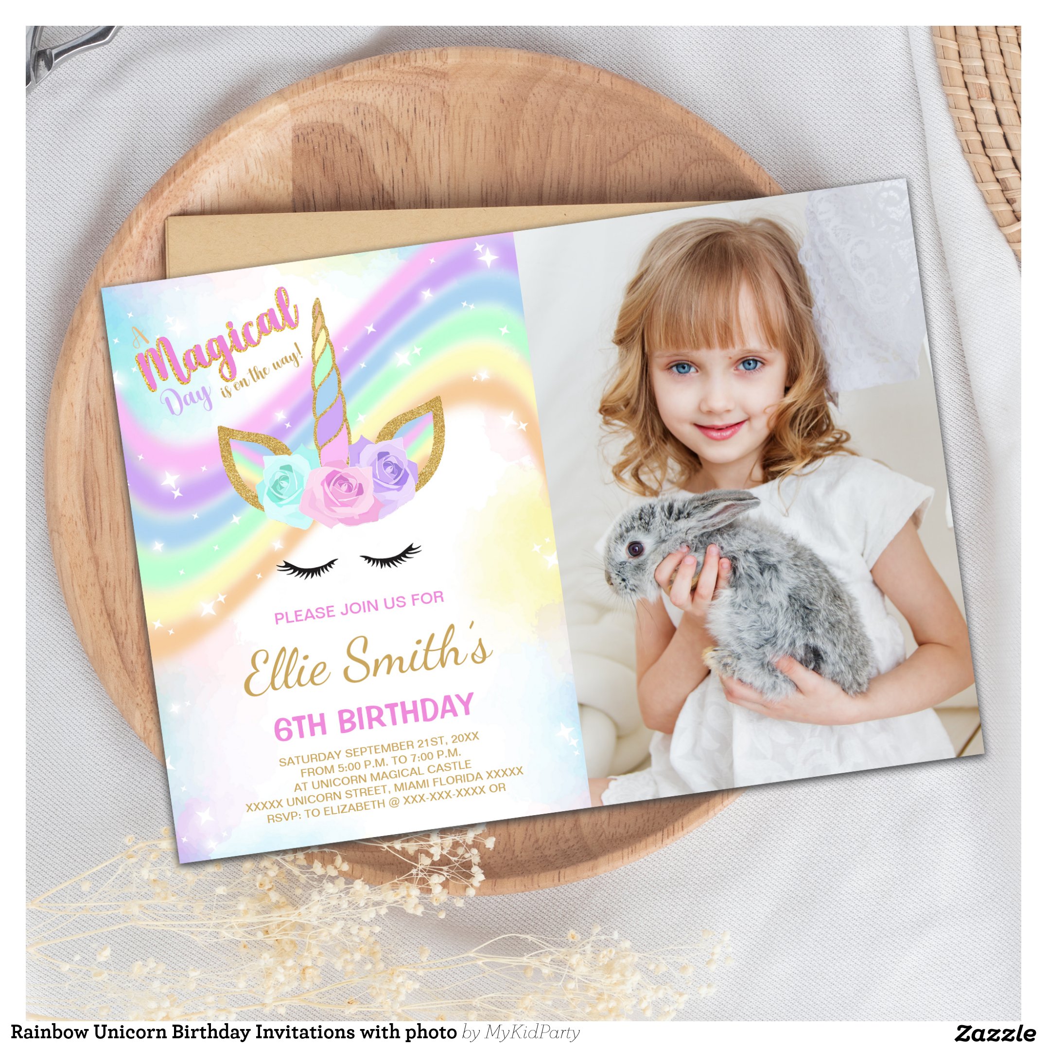 Rainbow Unicorn Birthday Invitations with photo