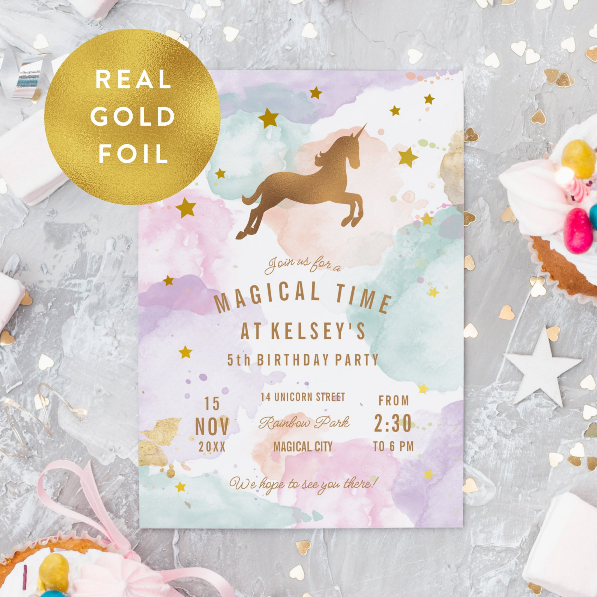 Rainbow Unicorn Birthday Party Foil Invitation