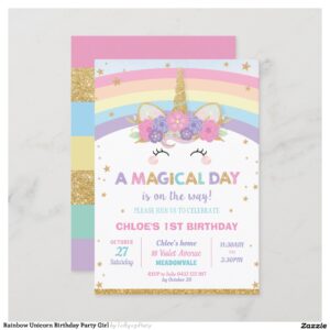 Rainbow Unicorn Birthday Party Girl Invitation