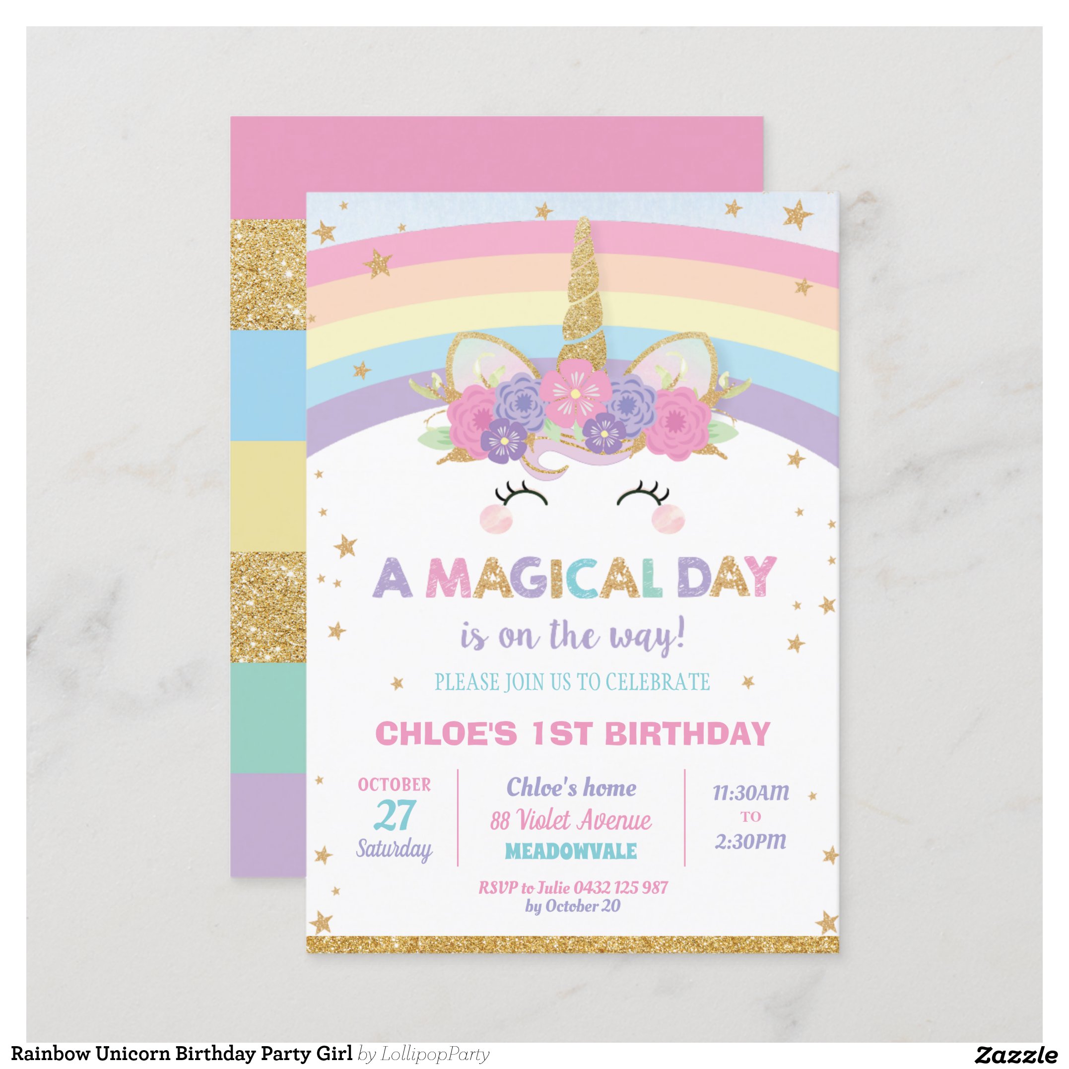 Rainbow Unicorn Birthday Party Girl Invitation