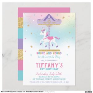 Rainbow Unicorn Carousel 1st Birthday Gold Glitter Invitation