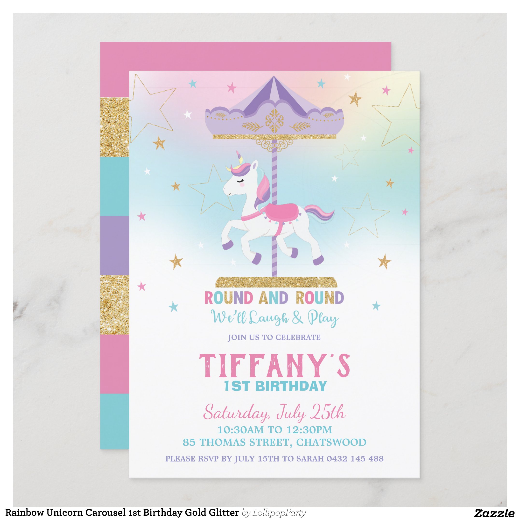 Rainbow Unicorn Carousel 1st Birthday Gold Glitter Invitation