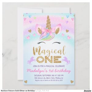 Rainbow Unicorn Gold Glitter 1st Birthday Invitation