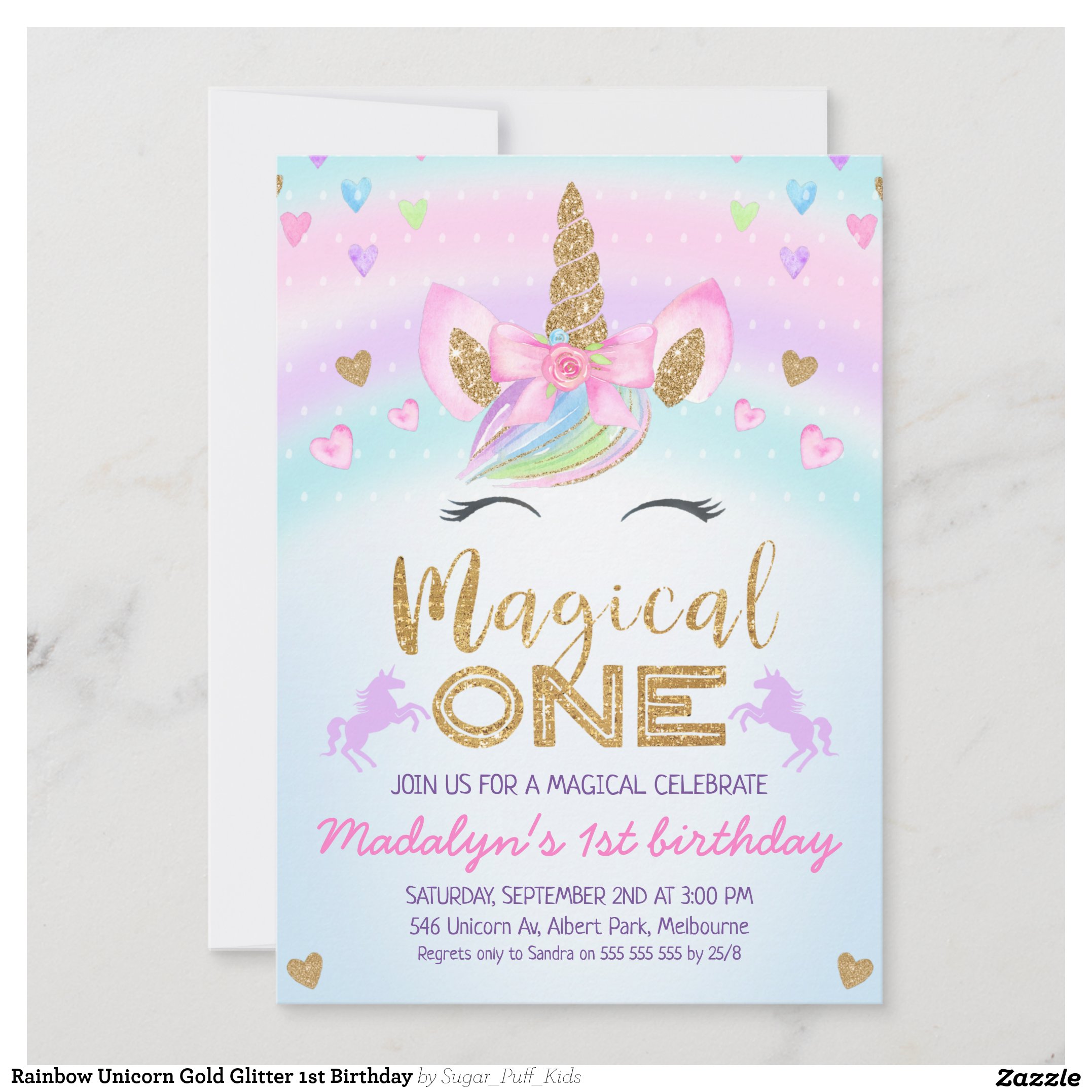 Rainbow Unicorn Gold Glitter 1st Birthday Invitation