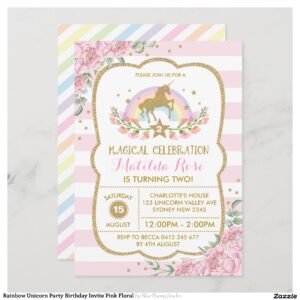 Rainbow Unicorn Party Birthday Invite Pink Floral