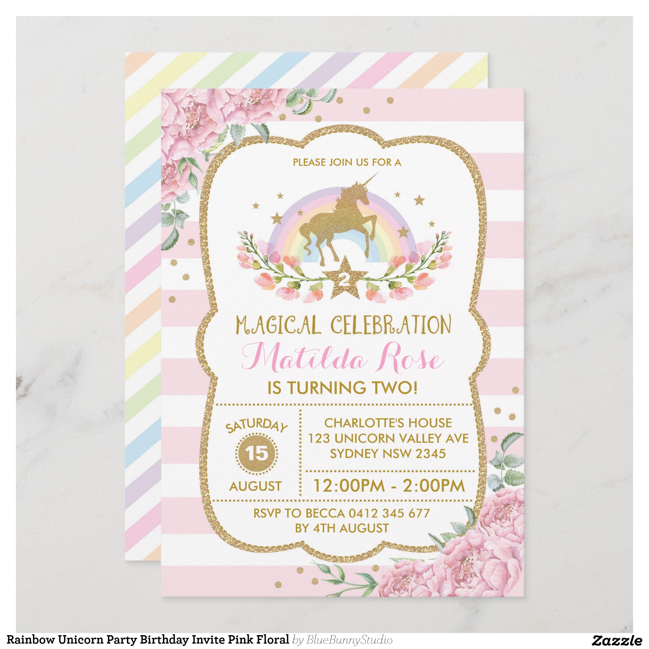 Rainbow Unicorn Party Birthday Invite Pink Floral