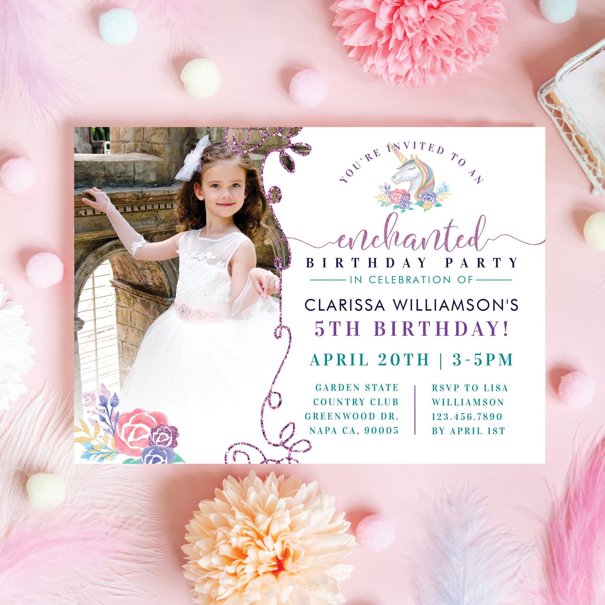 Rainbow Unicorn Photo Birthday Party Invitation