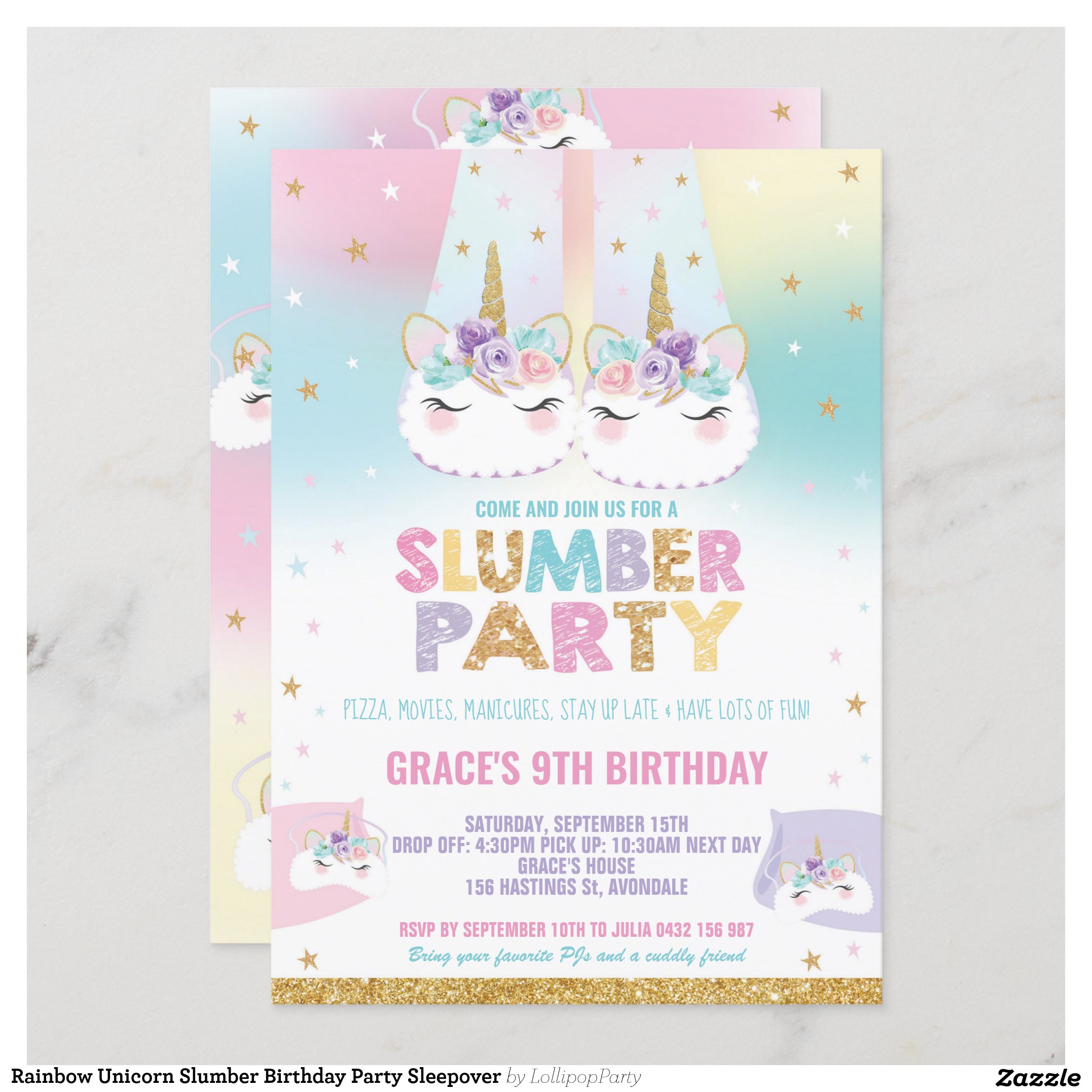 Rainbow Unicorn Slumber Birthday Party Sleepover Invitation