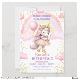 Rainbows, Unicorns, Sparkles and Gold birthday Invitation