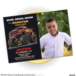Red Black Monster Truck Birthday Invitations Photo