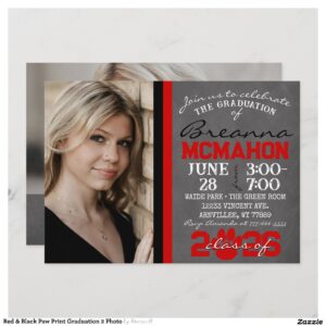 Red & Black Paw Print Graduation 2 Photo Invitation