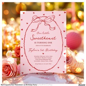 Red Coquette Bow Valentine's 1st Birthday Party Invitation
